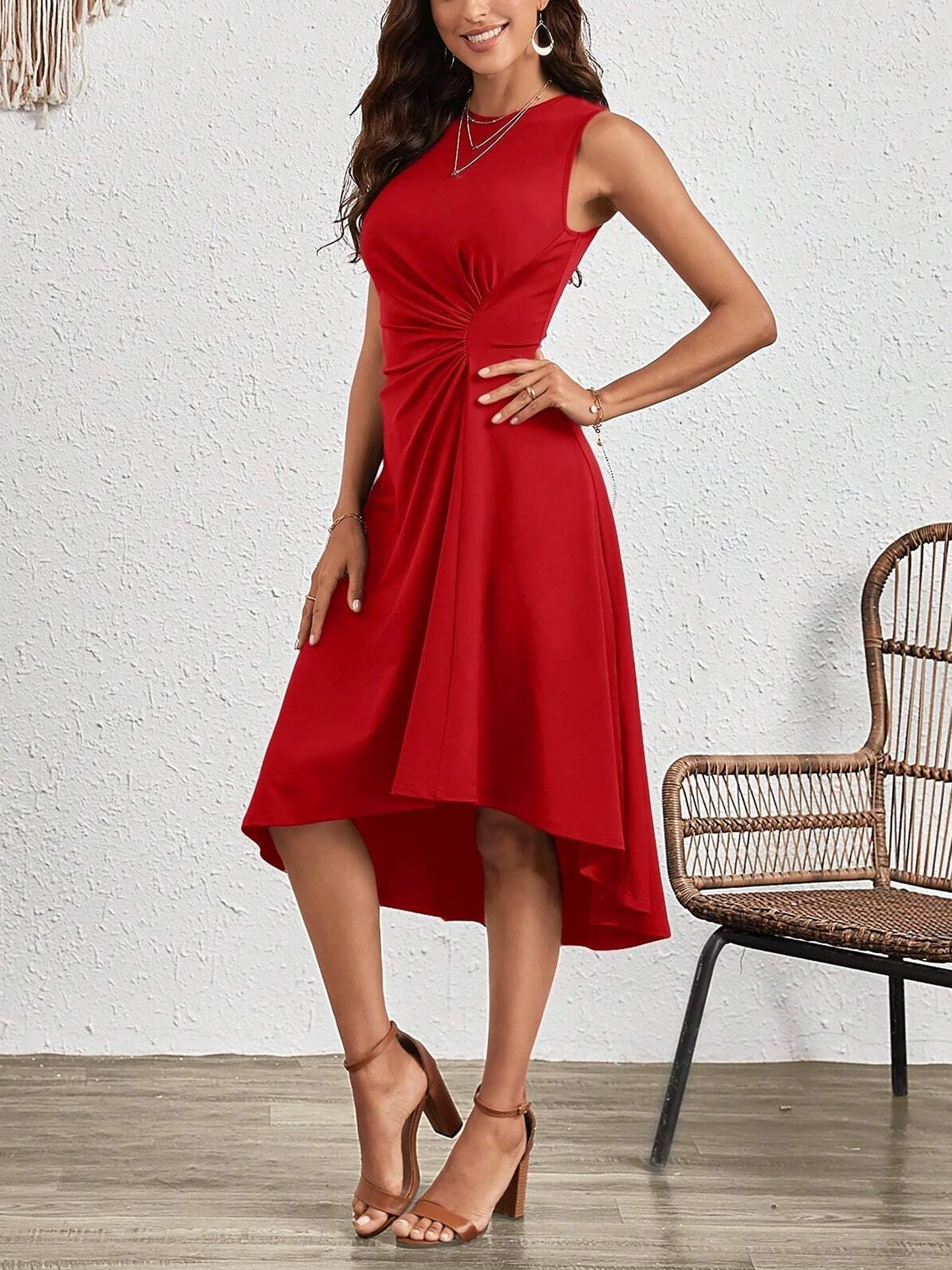 Elegant Red Midi Dress for Women with Crew Neck Sleeveless Twist Waist High Low Hem