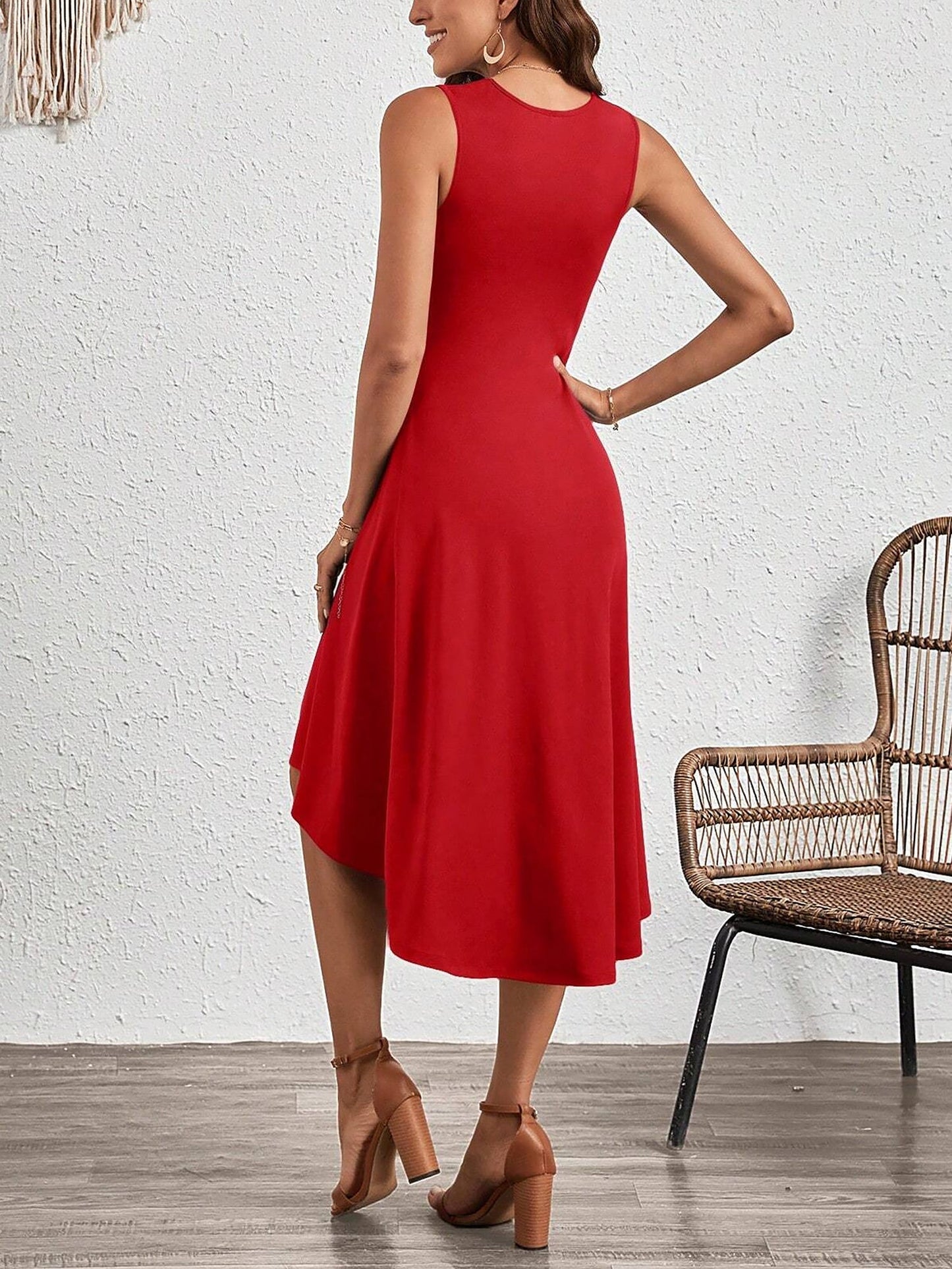 Elegant Red Midi Dress for Women with Crew Neck Sleeveless Twist Waist High Low Hem
