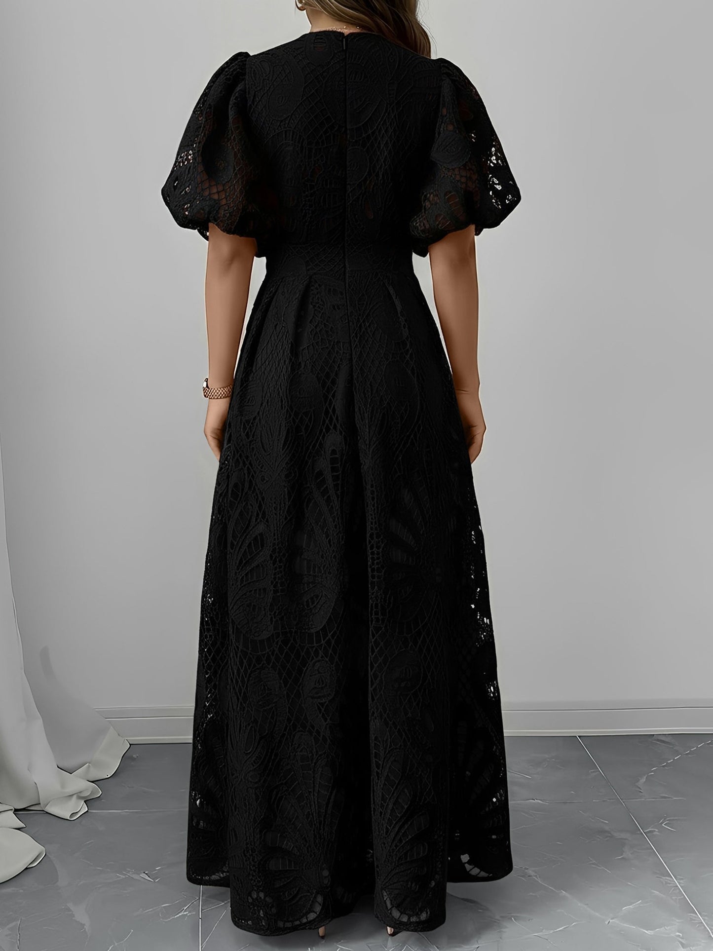 Elegant Black Tie Dress for Women with Lace V Neck Puff Sleeve Maxi