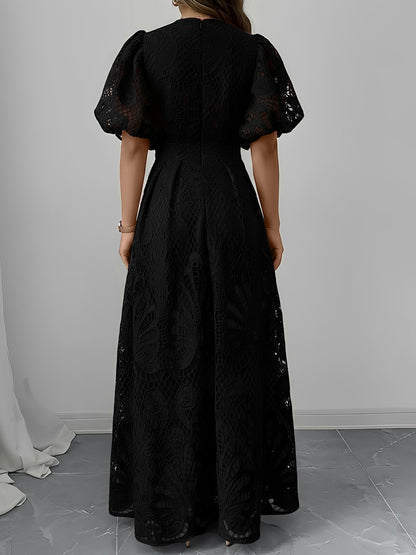 Elegant Black Tie Dress for Women with Lace V Neck Puff Sleeve Maxi