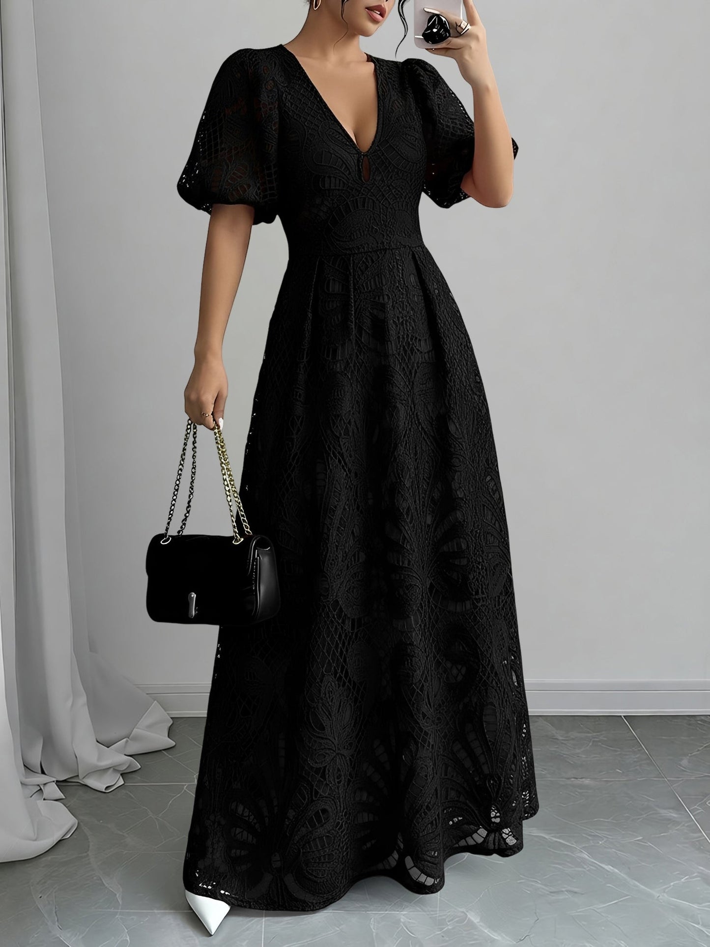 Elegant Black Tie Dress for Women with Lace V Neck Puff Sleeve Maxi