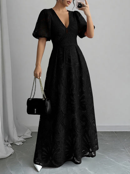 Elegant Black Tie Dress for Women with Lace V Neck Puff Sleeve Maxi