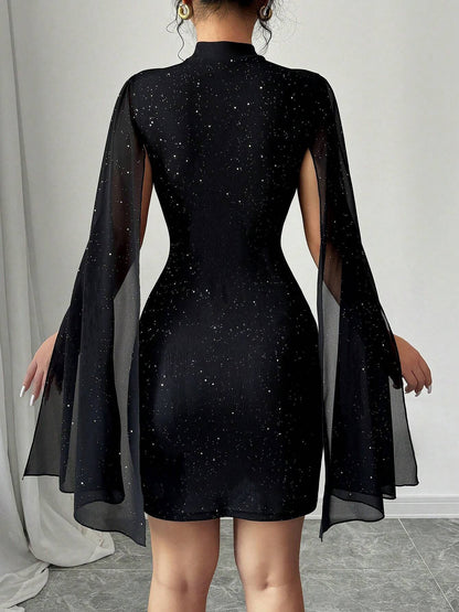 Elegant Sequin Birthday Dress for Women with Cutout High Neck Cape Sleeve