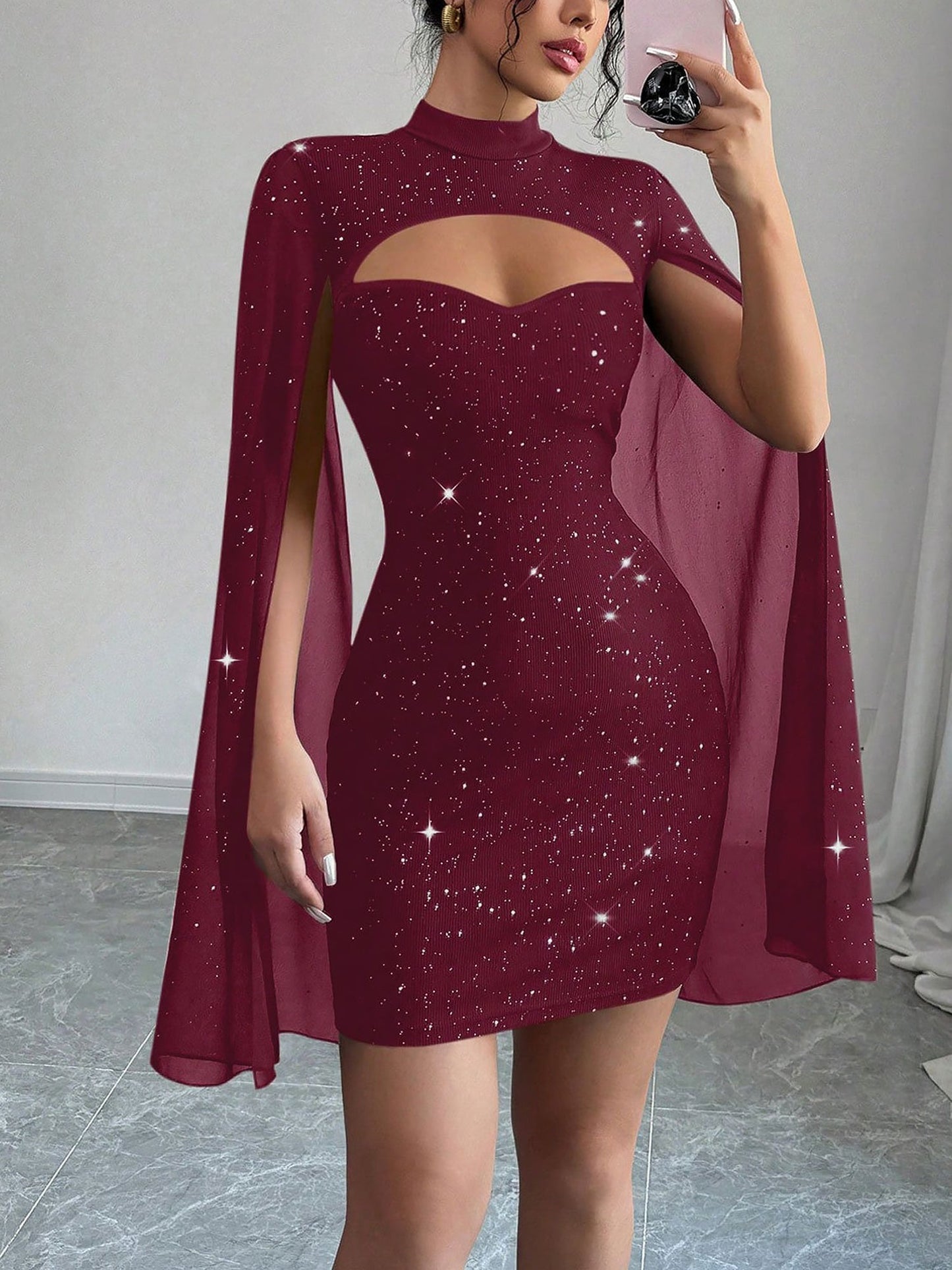 Elegant Sequin Birthday Dress for Women with Cutout High Neck Cape Sleeve