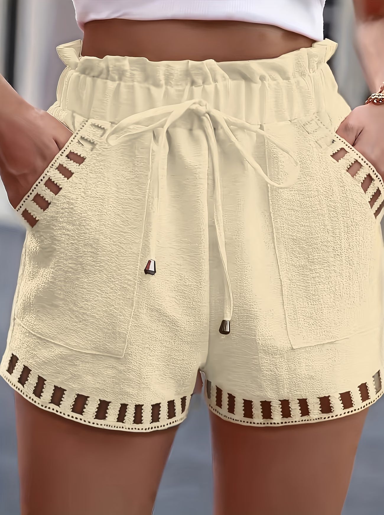 Effortless Laser Cut Paperbag Shorts for Women with High Waist Drawstring Pocket Casual Style