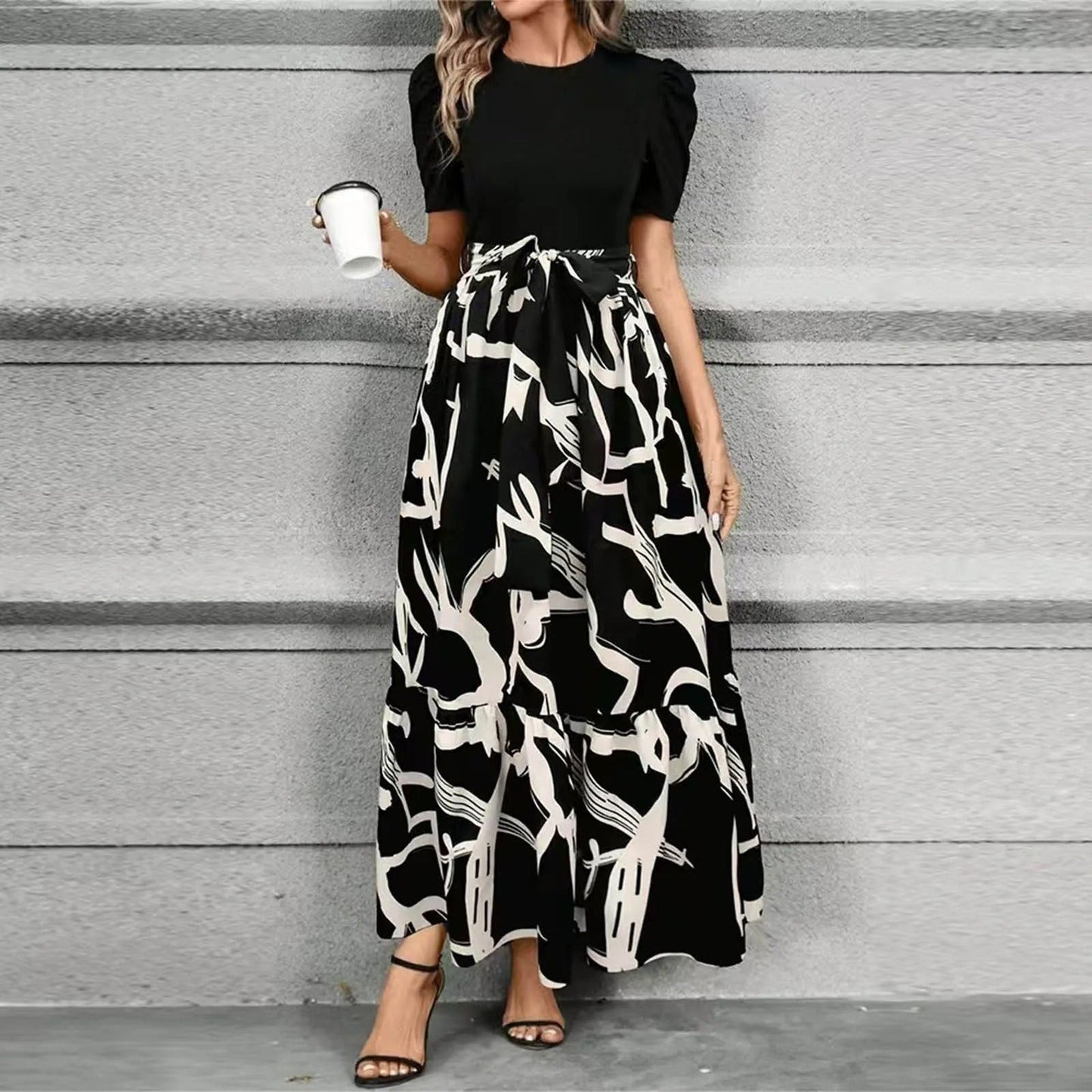 Elegant Floral Print Maxi Dress for Women with Round Neck Puff Sleeve Tie Waist Ruffle Hem Style