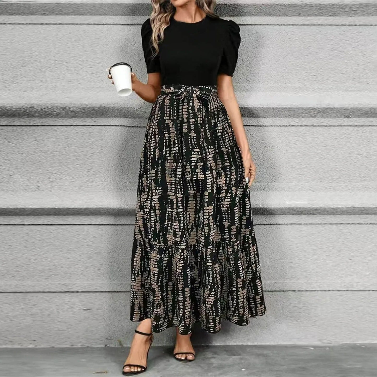 Elegant Floral Print Maxi Dress for Women with Round Neck Puff Sleeve Tie Waist Ruffle Hem Style