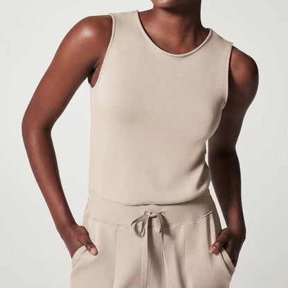 Effortless Ribbed Knit Wide Leg Set for Women with Round Neck Sleeveless Drawstring Relaxed Two Piece Style