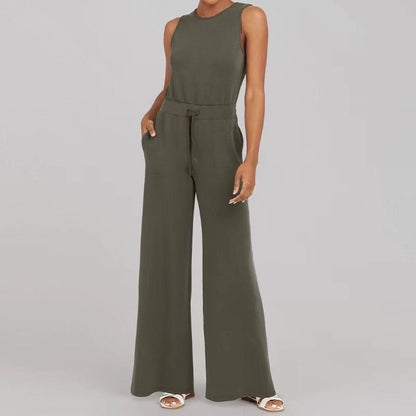 Effortless Ribbed Knit Wide Leg Set for Women with Round Neck Sleeveless Drawstring Relaxed Two Piece Style