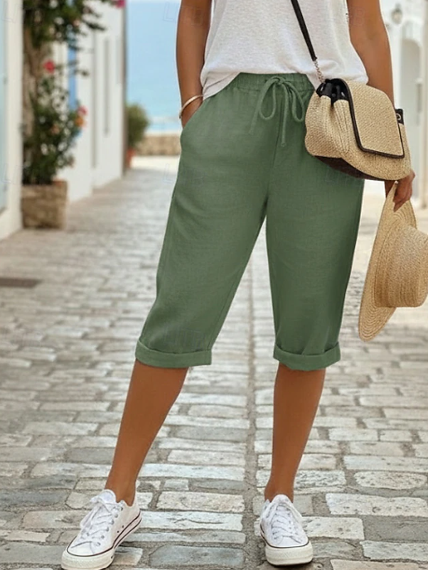 Effortless Linen Capri Pants for Women with High Waist Drawstring Cuffed Hem Casual Style
