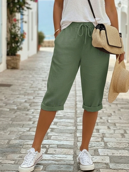 Effortless Linen Capri Pants for Women with High Waist Drawstring Cuffed Hem Casual Style