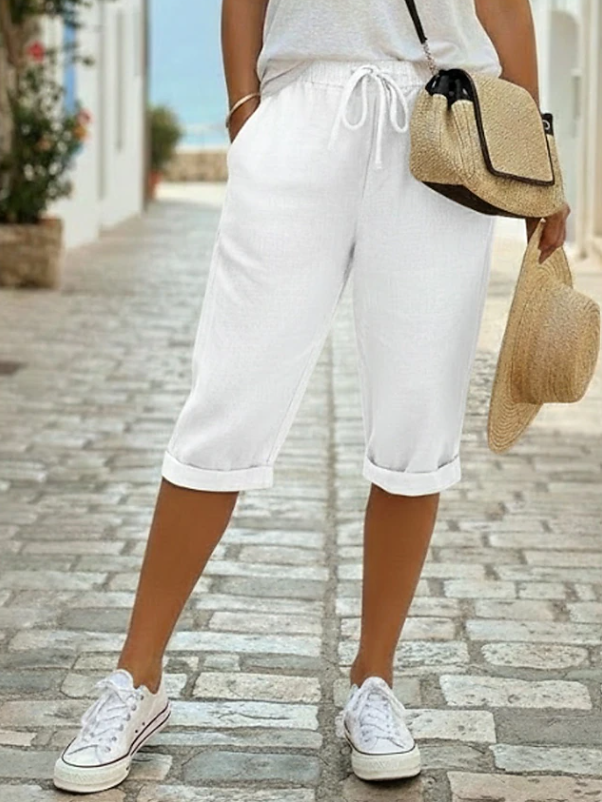Effortless Linen Capri Pants for Women with High Waist Drawstring Cuffed Hem Casual Style