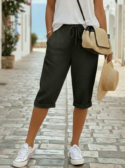 Effortless Linen Capri Pants for Women with High Waist Drawstring Cuffed Hem Casual Style