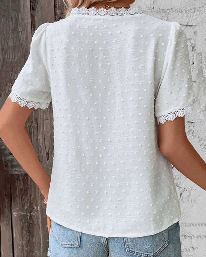 Effortless Swiss Dot Blouse for Women with V Neck Short Sleeve Lace Trim Boho Style