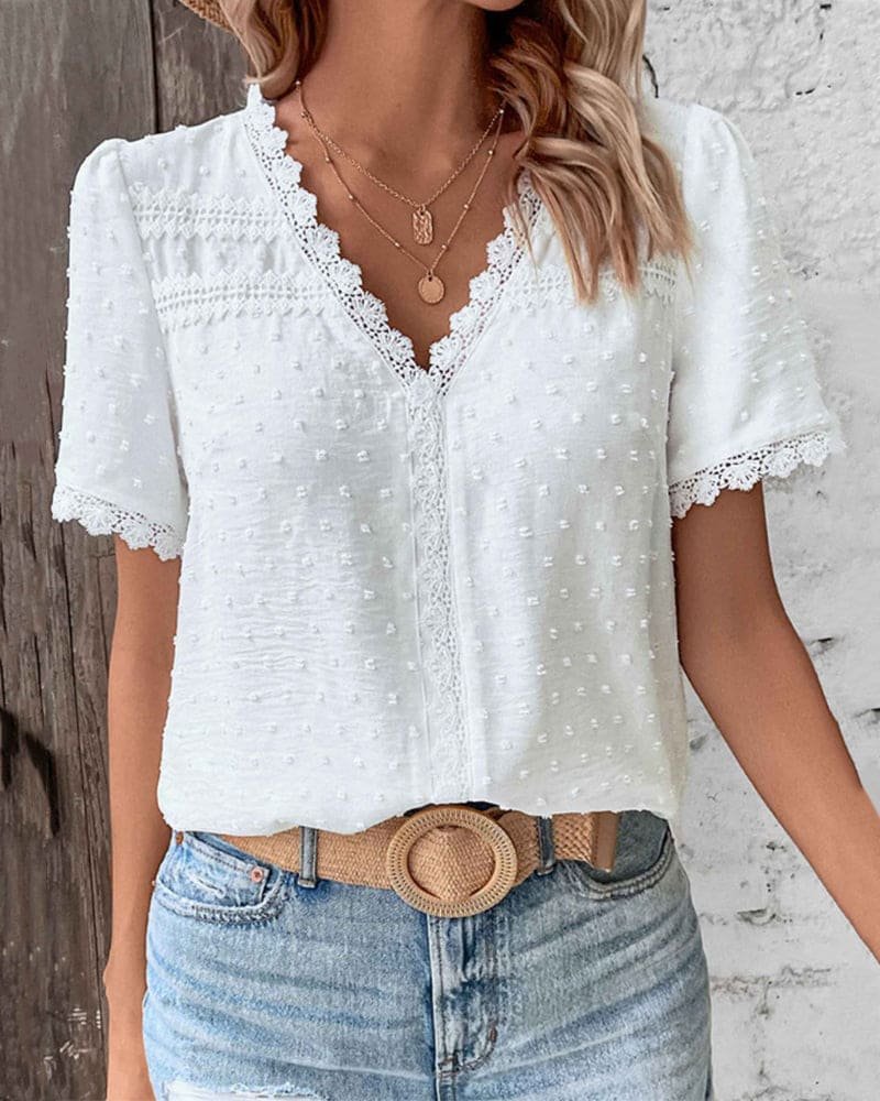 Effortless Swiss Dot Blouse for Women with V Neck Short Sleeve Lace Trim Boho Style