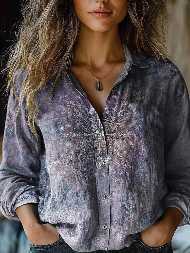 Effortless Floral Print Blouse for Women with Collar Long Sleeve Button Front Relaxed Bohemian Style