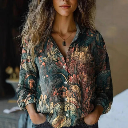 Effortless Floral Print Blouse for Women with Collar Long Sleeve Button Front Relaxed Bohemian Style