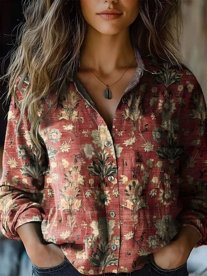 Effortless Floral Print Blouse for Women with Collar Long Sleeve Button Front Relaxed Bohemian Style