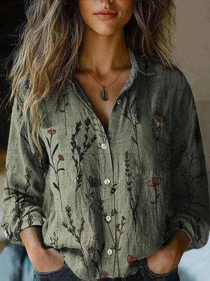 Effortless Floral Print Blouse for Women with Collar Long Sleeve Button Front Relaxed Bohemian Style