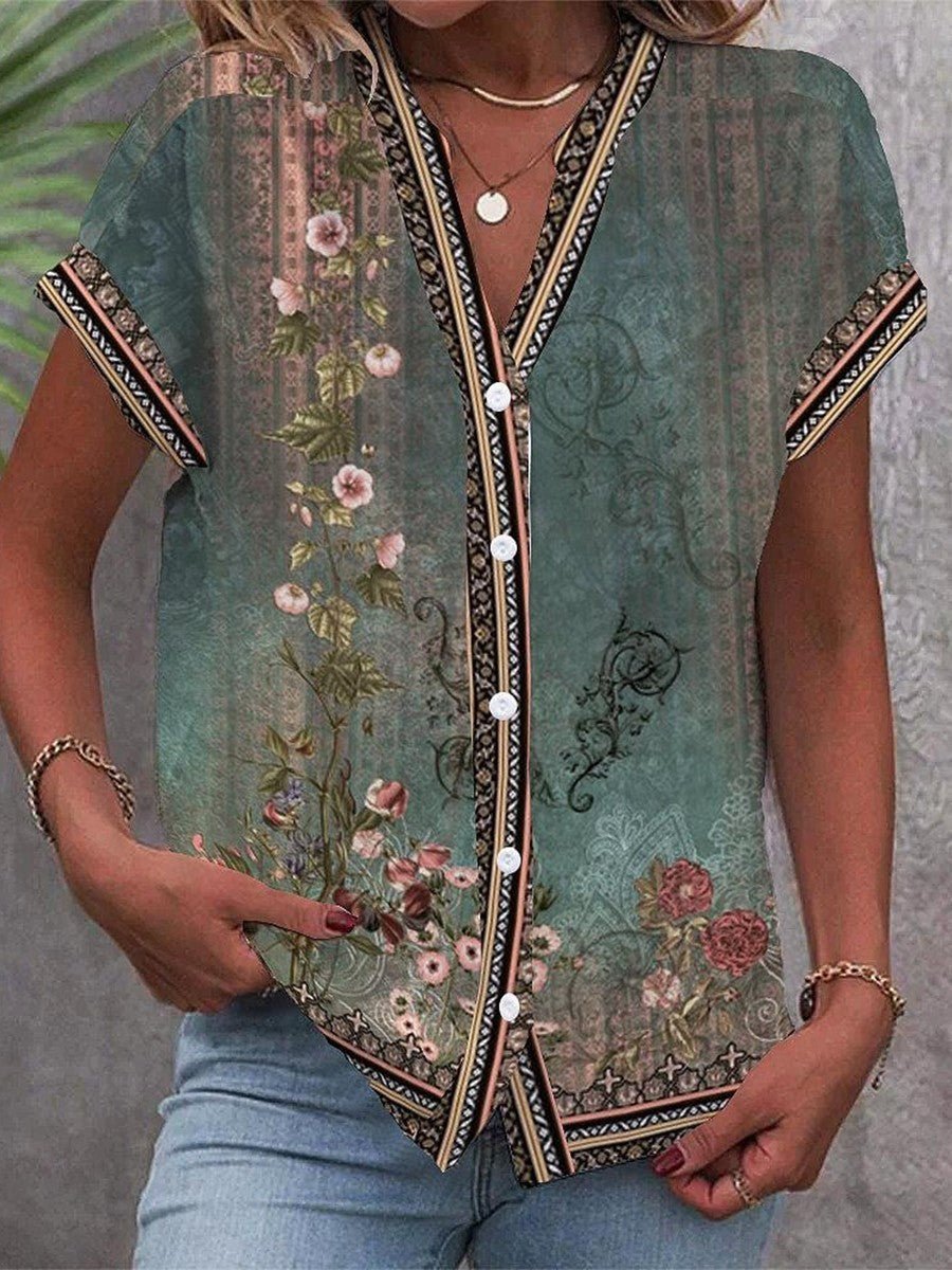 Effortless Green Floral Blouse for Women with V Neck Short Sleeve Button Front Boho Style
