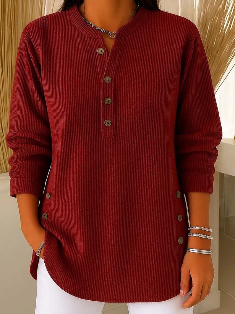 Effortless Ribbed Knit Tunic for Women with Split Neck Long Sleeve Button Trim Relaxed Style