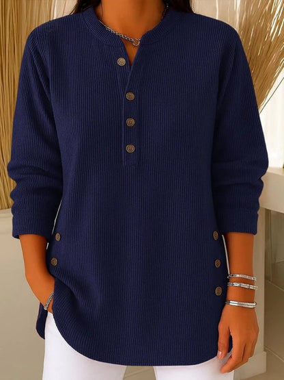 Effortless Ribbed Knit Tunic for Women with Split Neck Long Sleeve Button Trim Relaxed Style
