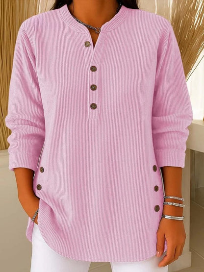 Effortless Ribbed Knit Tunic for Women with Split Neck Long Sleeve Button Trim Relaxed Style