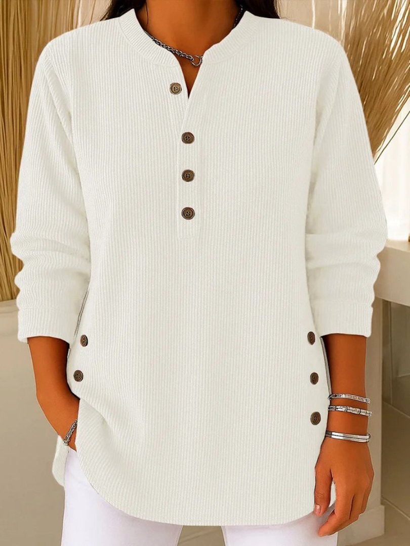 Effortless Ribbed Knit Tunic for Women with Split Neck Long Sleeve Button Trim Relaxed Style
