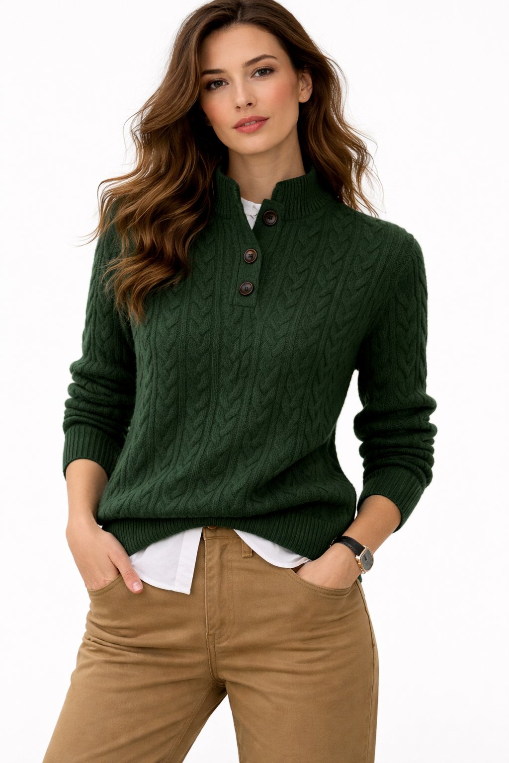Comfortable Cable Knit Sweater for Women with Mock Neck Long Sleeve Button Placket Relaxed Style