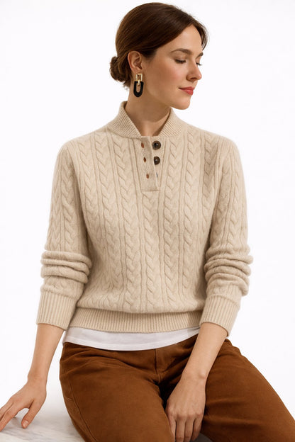 Comfortable Cable Knit Sweater for Women with Mock Neck Long Sleeve Button Placket Relaxed Style
