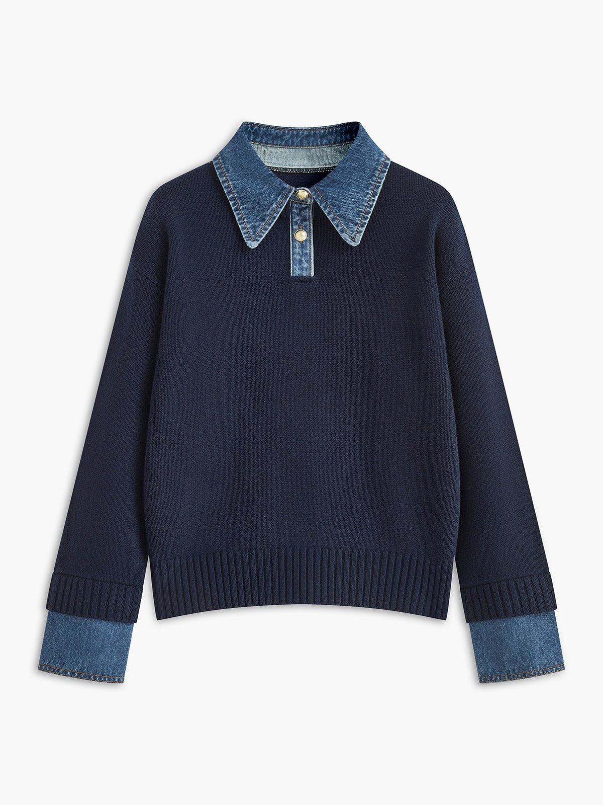 Effortless Denim Trim Polo Sweater for Women with Collar Long Sleeve Contrast Cuff Relaxed Knit Style