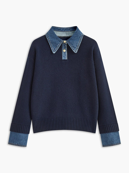 Effortless Denim Trim Polo Sweater for Women with Collar Long Sleeve Contrast Cuff Relaxed Knit Style