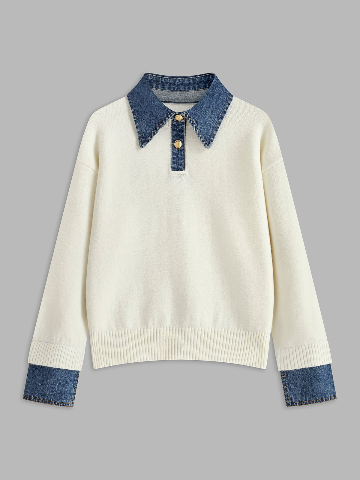 Effortless Denim Trim Polo Sweater for Women with Collar Long Sleeve Contrast Cuff Relaxed Knit Style