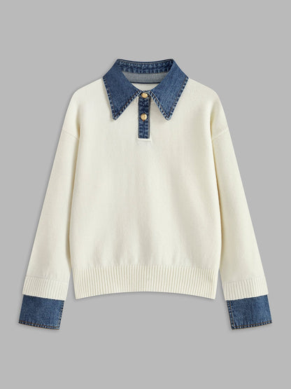 Effortless Denim Trim Polo Sweater for Women with Collar Long Sleeve Contrast Cuff Relaxed Knit Style
