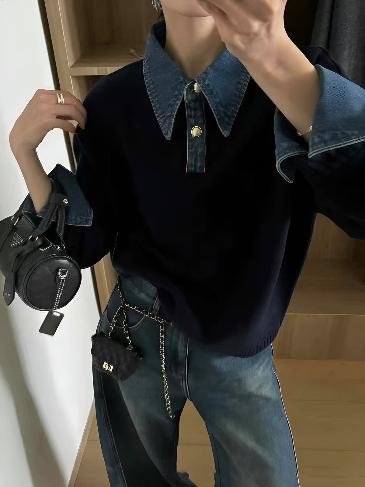 Effortless Denim Trim Polo Sweater for Women with Collar Long Sleeve Contrast Cuff Relaxed Knit Style