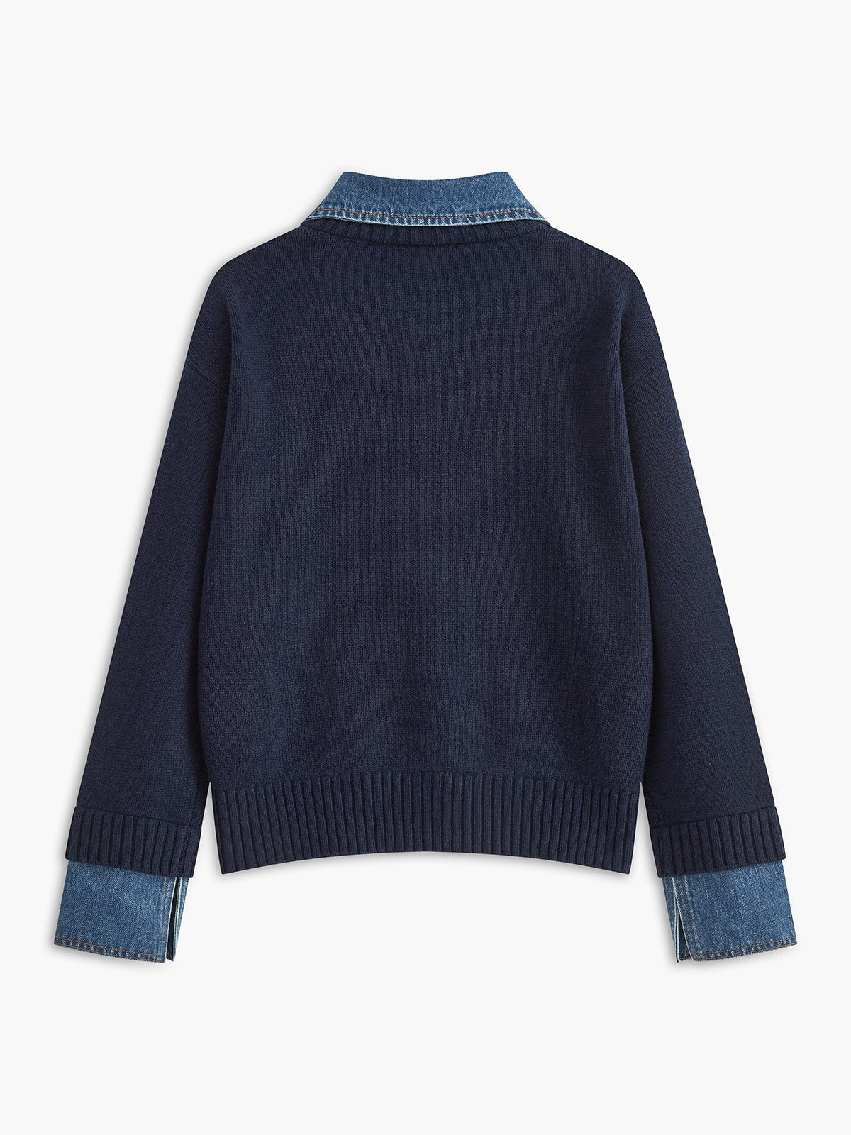Effortless Denim Trim Polo Sweater for Women with Collar Long Sleeve Contrast Cuff Relaxed Knit Style