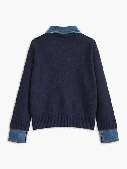 Effortless Denim Trim Polo Sweater for Women with Collar Long Sleeve Contrast Cuff Relaxed Knit Style