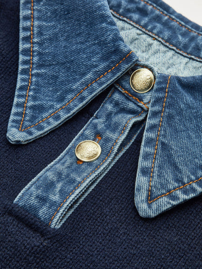 Effortless Denim Trim Polo Sweater for Women with Collar Long Sleeve Contrast Cuff Relaxed Knit Style
