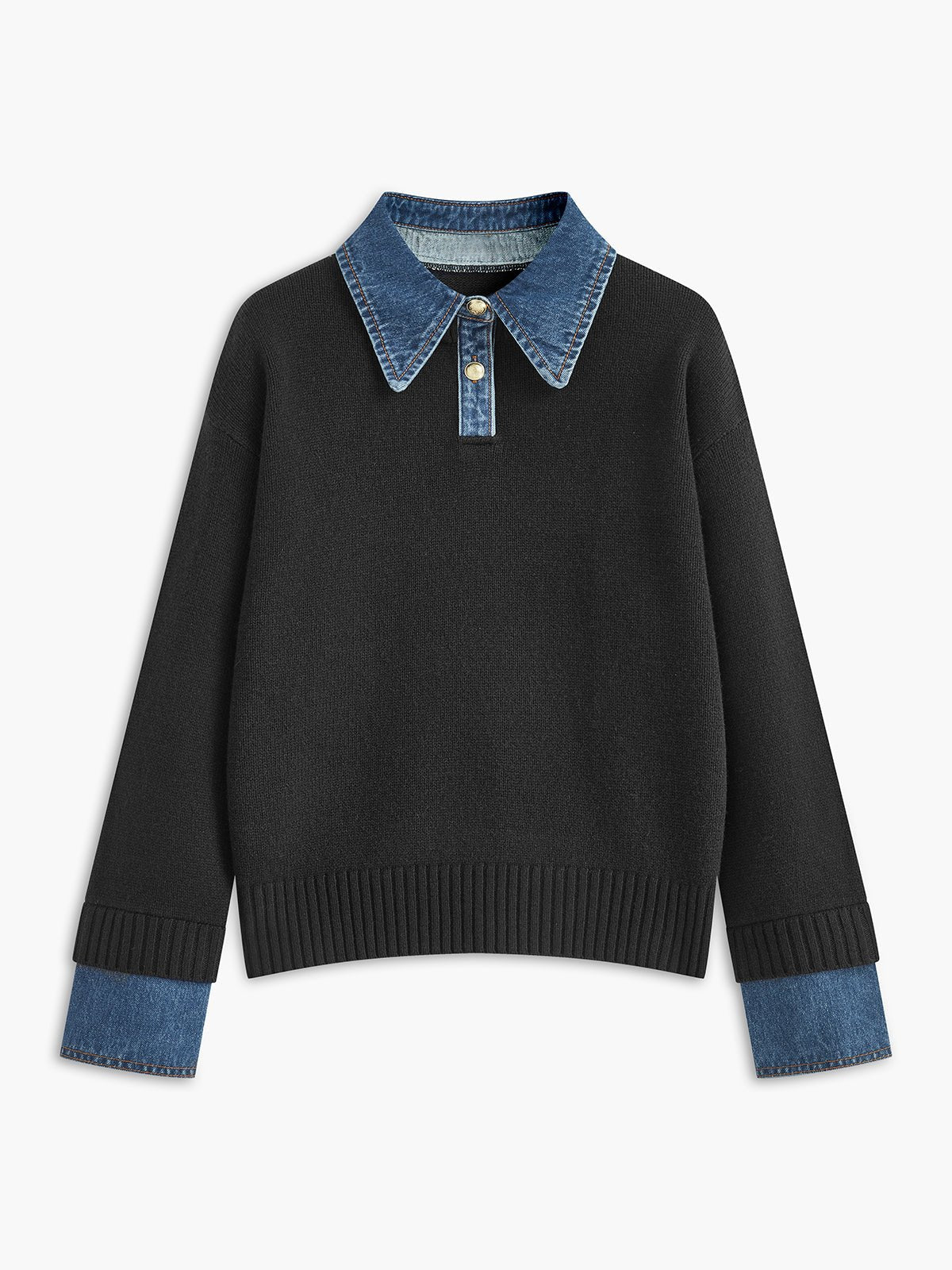 Effortless Denim Trim Polo Sweater for Women with Collar Long Sleeve Contrast Cuff Relaxed Knit Style