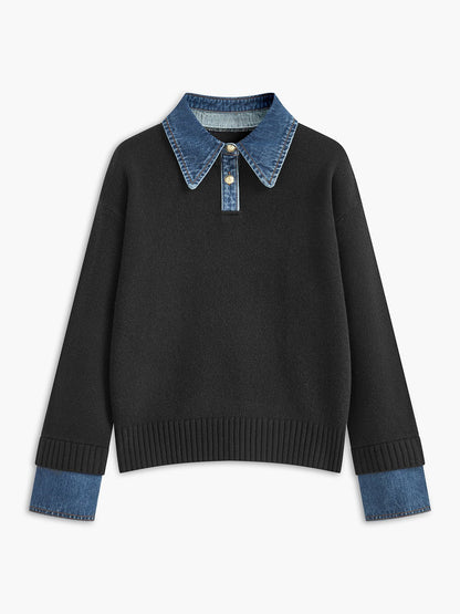 Effortless Denim Trim Polo Sweater for Women with Collar Long Sleeve Contrast Cuff Relaxed Knit Style