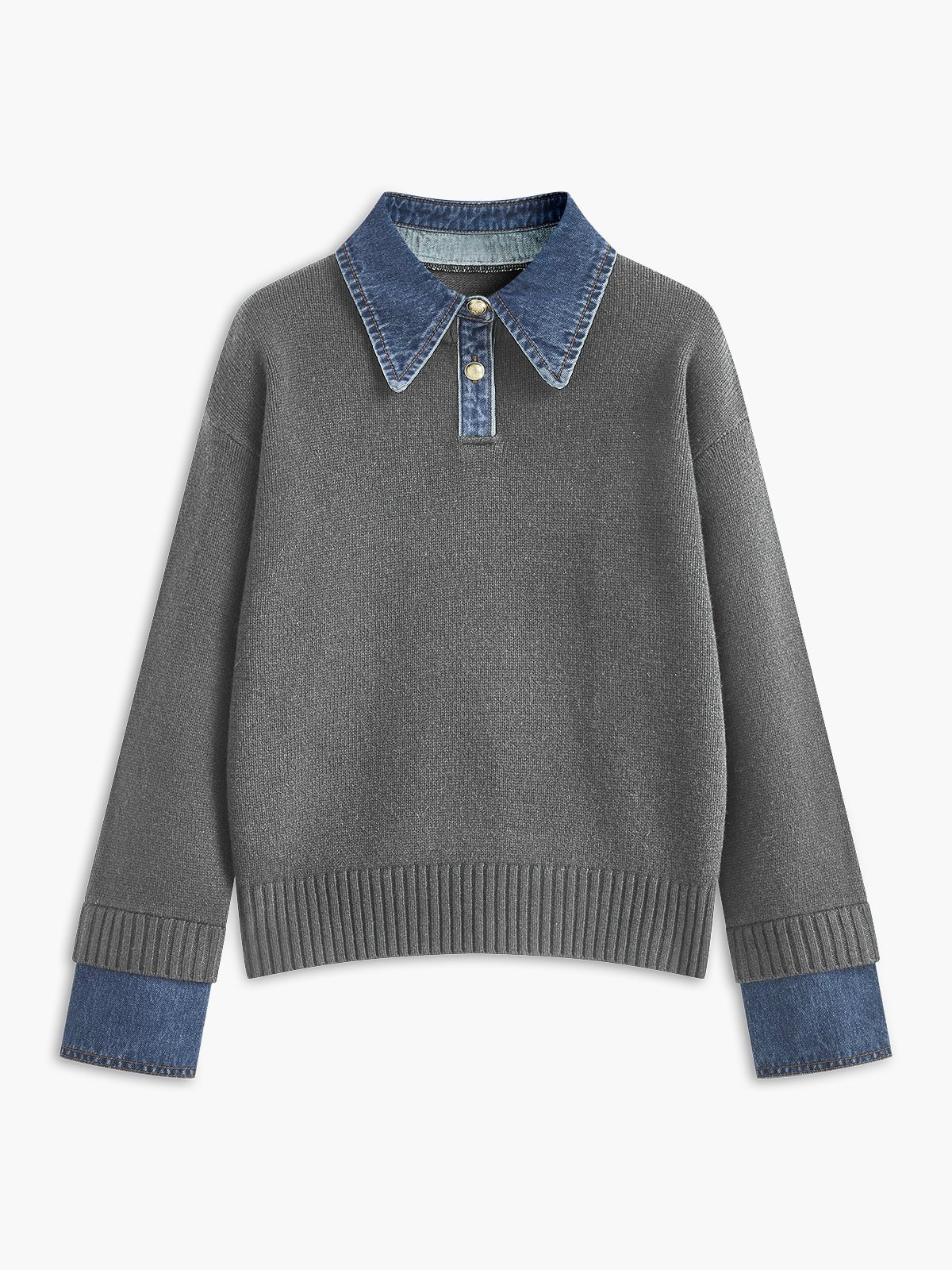 Effortless Denim Trim Polo Sweater for Women with Collar Long Sleeve Contrast Cuff Relaxed Knit Style