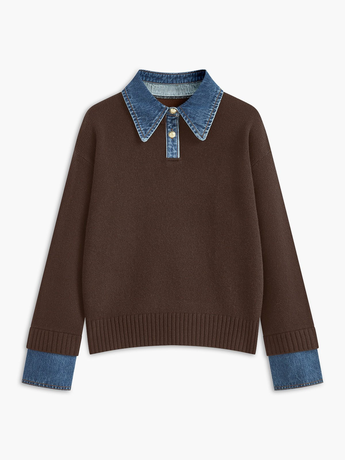 Effortless Denim Trim Polo Sweater for Women with Collar Long Sleeve Contrast Cuff Relaxed Knit Style