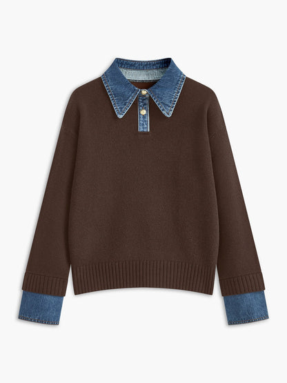 Effortless Denim Trim Polo Sweater for Women with Collar Long Sleeve Contrast Cuff Relaxed Knit Style
