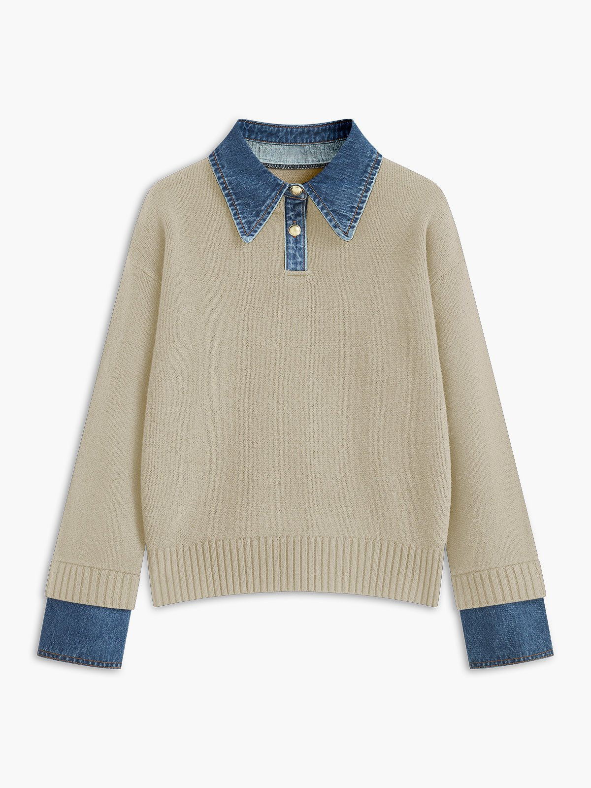 Effortless Denim Trim Polo Sweater for Women with Collar Long Sleeve Contrast Cuff Relaxed Knit Style