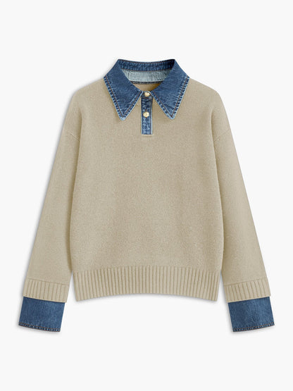 Effortless Denim Trim Polo Sweater for Women with Collar Long Sleeve Contrast Cuff Relaxed Knit Style