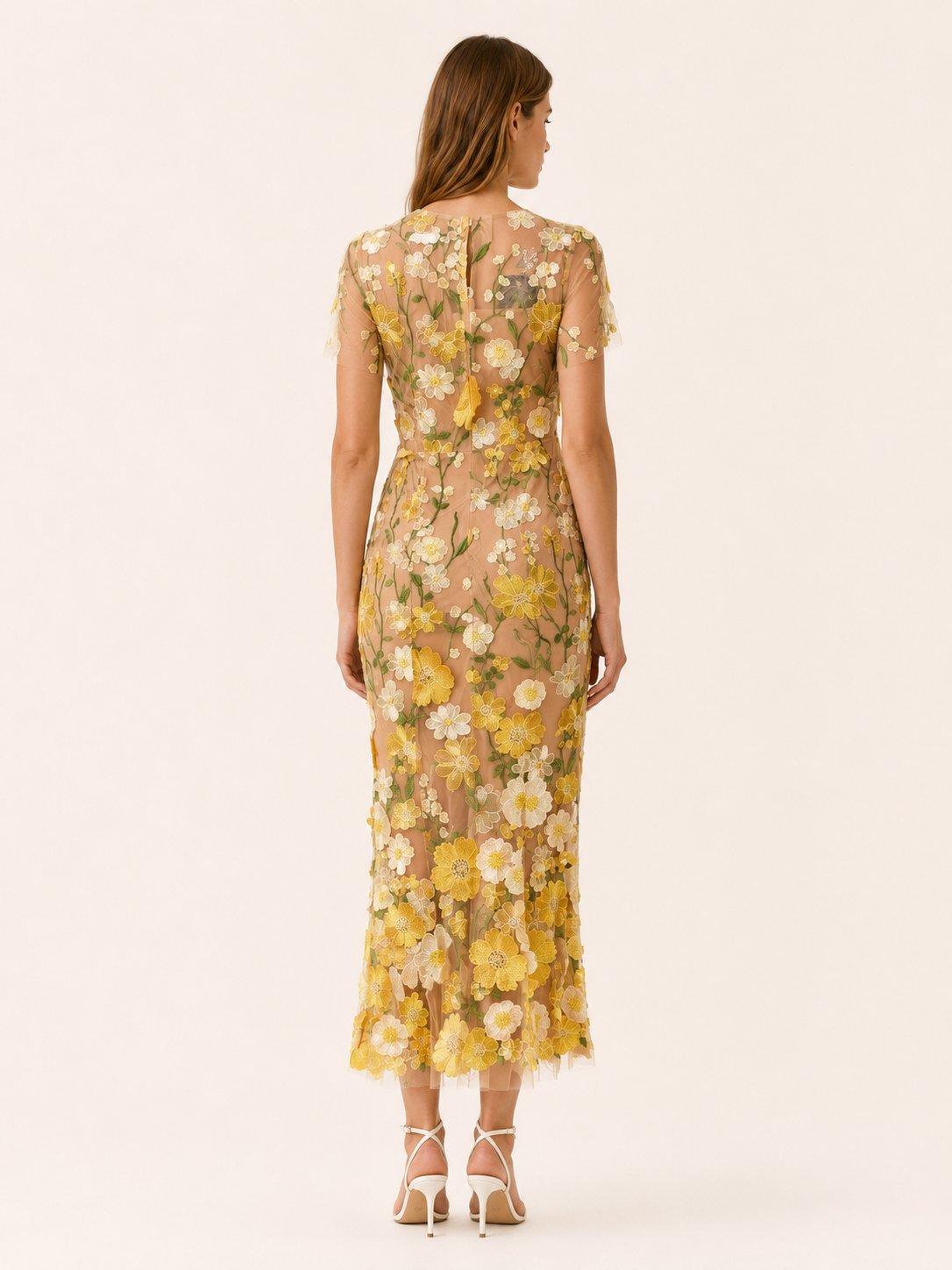 Elegant Wedding Guest Dress for Women with Round Neck Short Sleeve Floral Midi Formal Style