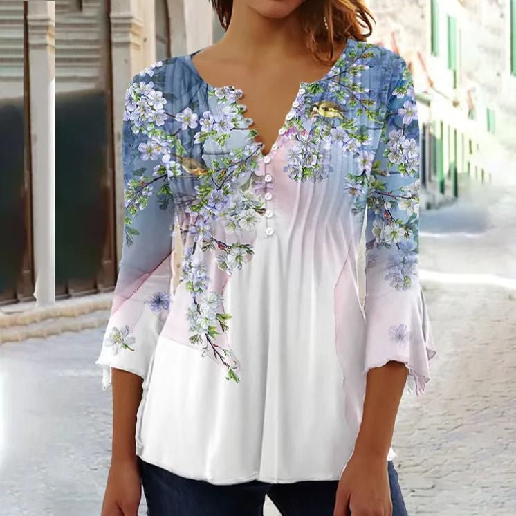 Effortless Floral Blouse for Women with Split Neck Bell Sleeve Pintuck Button Front Boho Style