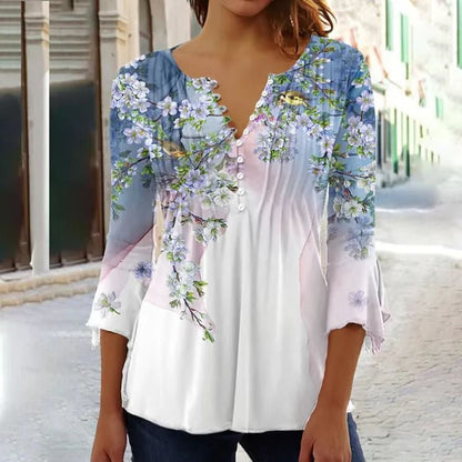 Effortless Floral Blouse for Women with Split Neck Bell Sleeve Pintuck Button Front Boho Style