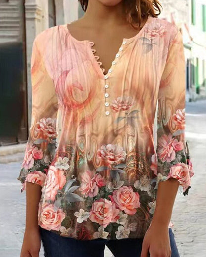 Effortless Floral Blouse for Women with Split Neck Bell Sleeve Pintuck Button Front Boho Style