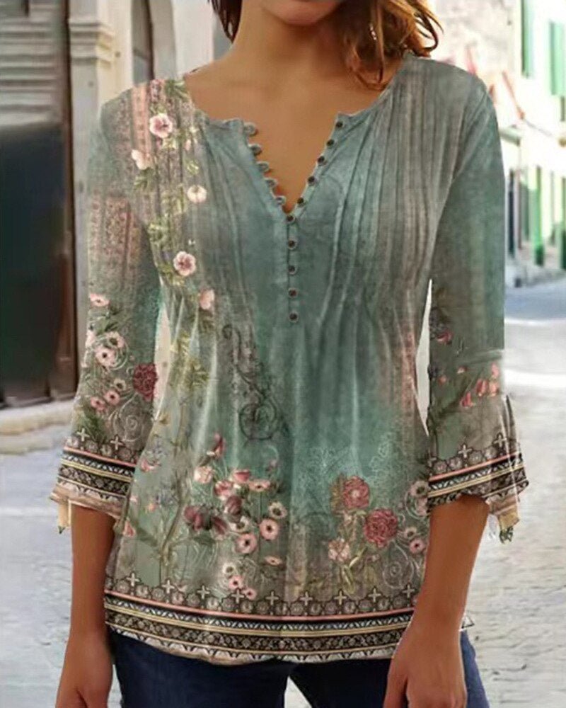 Effortless Floral Blouse for Women with Split Neck Bell Sleeve Pintuck Button Front Boho Style